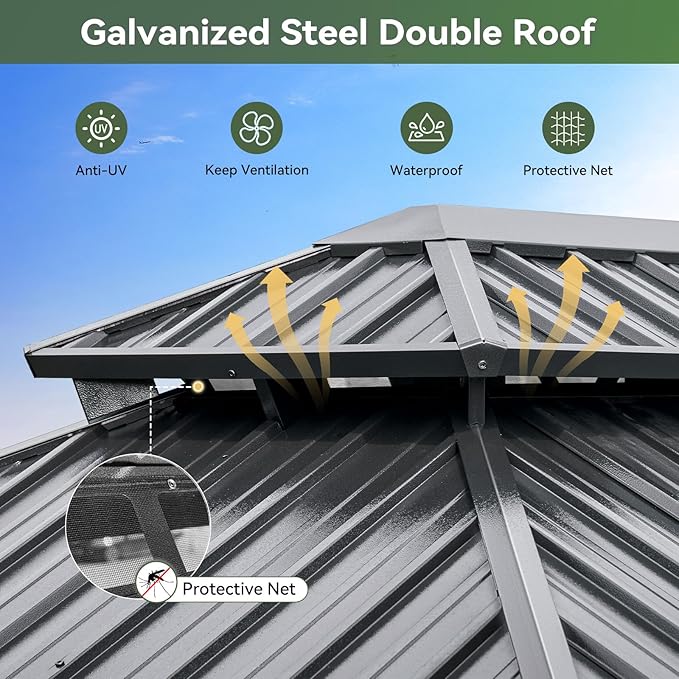 Aoxun 12'x10' Hardtop Gazebo with Light, Aluminum Frame Permanent Pavilion with Curtains and Netting, Outdoor Galvanized Double Roof Canopy, Designed for Garden, Lawns, Patio (Black/Grey)