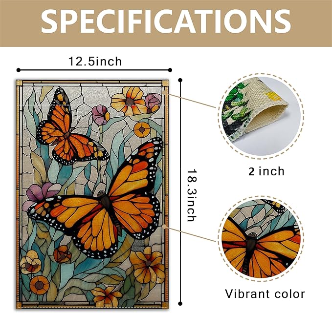 Garden Flags, Butterfly Garden Flag, Stained Glass Style Butterfly Floral Flag Double-Sided Flags for Farmhouse Yard Outdoor Decoration-12 x 18inch