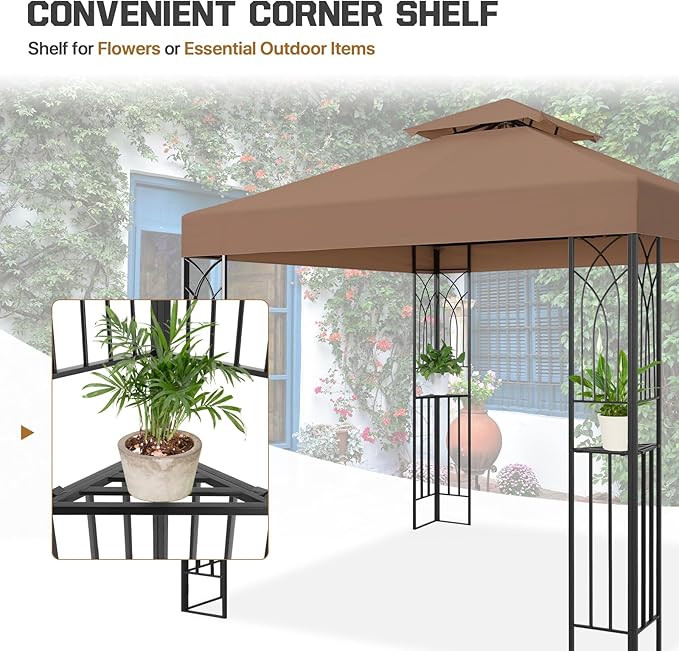 COOS BAY 8x8 Outdoor Patio Gazebo with Corner Shelves, Two-Tier Soft Top Canopy for Backyard, Lawn, Deck and Garden, Brown