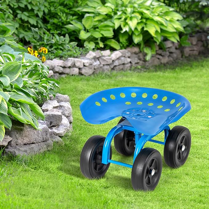 LDAILY Garden Seat with Wheels, Heavy-Duty Utility Stool Cart with Adjustable 11"-16" Height & 360° Rotatable, Rolling Garden Cart with Seat for Lawn Planting, Yard Work, Patio Gardening (Blue)