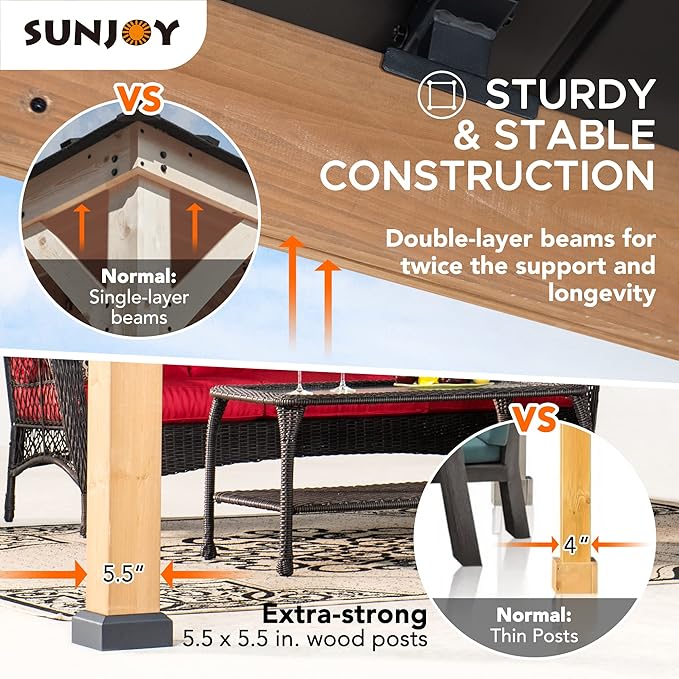 SUNJOY 11 x 13 ft. Wood Gazebo Cedar Framed Gaezbos with Black Double Steel Hardtop Roof for Garden, Backyard Shade, Matte Black Roof + Natural Wood Frame