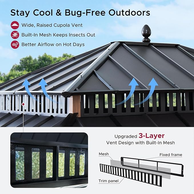 SUNJOY Kingston 14' x 12' Hardtop Gazebo with Galvanized Steel Double Roof, Curtain and Netting, Woodgrain Finish Aluminum Posts Permanent Pavilion Gazebo for Garden, Patio, Deck, Lawn