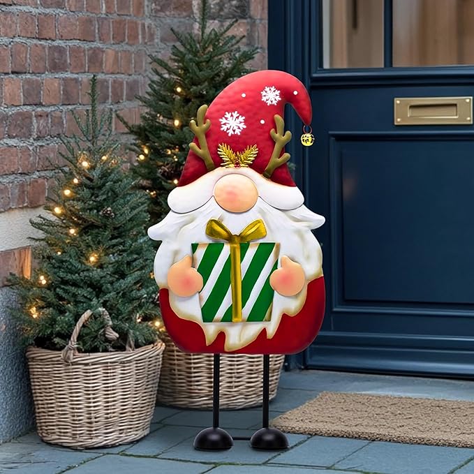 TERESA'S COLLECTIONS Gnome Christmas Decorations,Metal Red White Santa Holding Gifts,Christmas Gnome Statue for Garden Indoor Outdoor,Decorative Yard Art Signs for Lawn Xmas New Year Winter Decor,24"