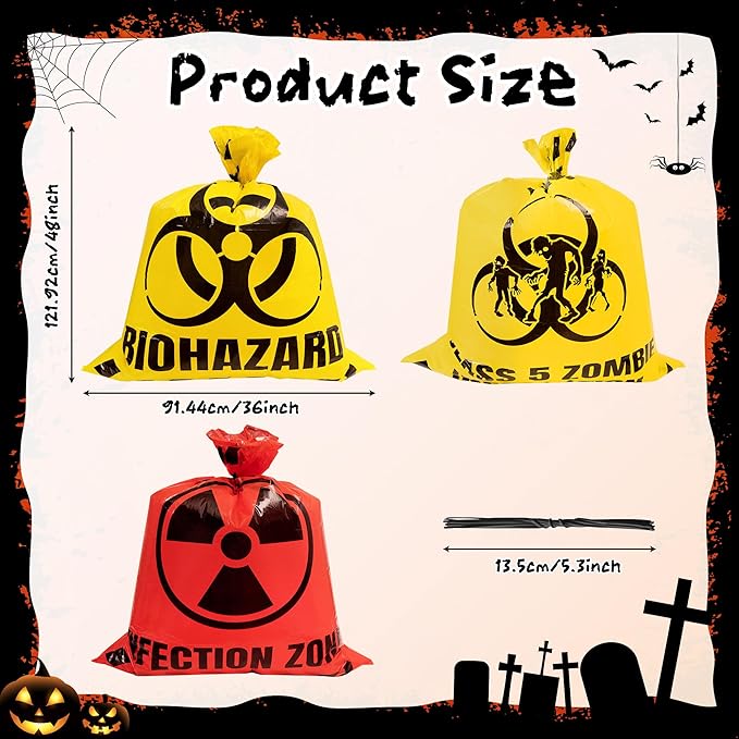 CNhoqc Halloween Lawn Trash Bags - 24Pcs Zombie Warning Reusable Waste Bags with Twist Ties, Fallen Leaf Grass Clipping Trash Container, Heavy-Duty Plastic for Biohazard Parties Outdoor Decorations