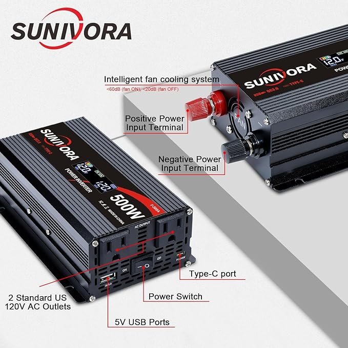 500 Watt Inverter with LCD Display 12V DC to 110V/120V AC 1000 Watt(Peak) Car Power Inverter with 2 AC Outlets 20W PD USB-C and 18W QC USB-A Power Converter for Car, Laptops, Road Trip