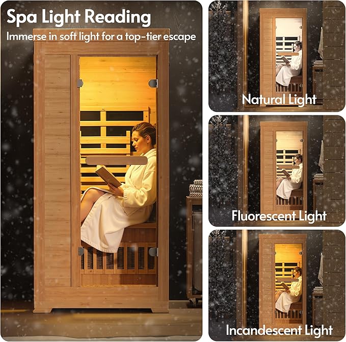 Infrared Sauna at Home 1 Person with 7 Color Therapy, Low EMF 1745W Fast Heating Canadian Hemlock Wood Sauna, Indoor Dry Sauna with Bluetooth Speakers for Home, Gym (3Lx3.3Wx6.3H Ft)