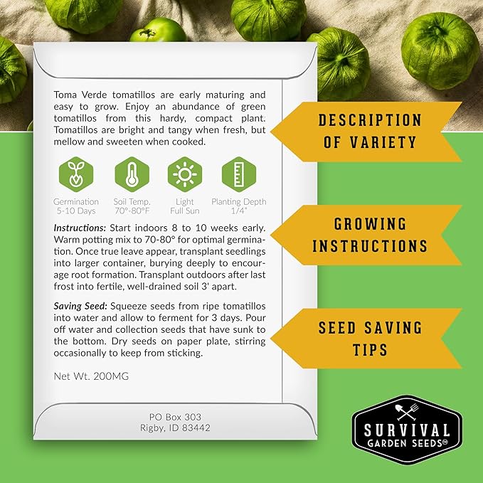 Survival Garden Seeds - Toma Verde Tomatillo Seed for Planting - 5 Packs with Instructions to Plant & Grow Green Salsa Vegetables in Your Home Vegetable Garden - Non-GMO Heirloom Variety