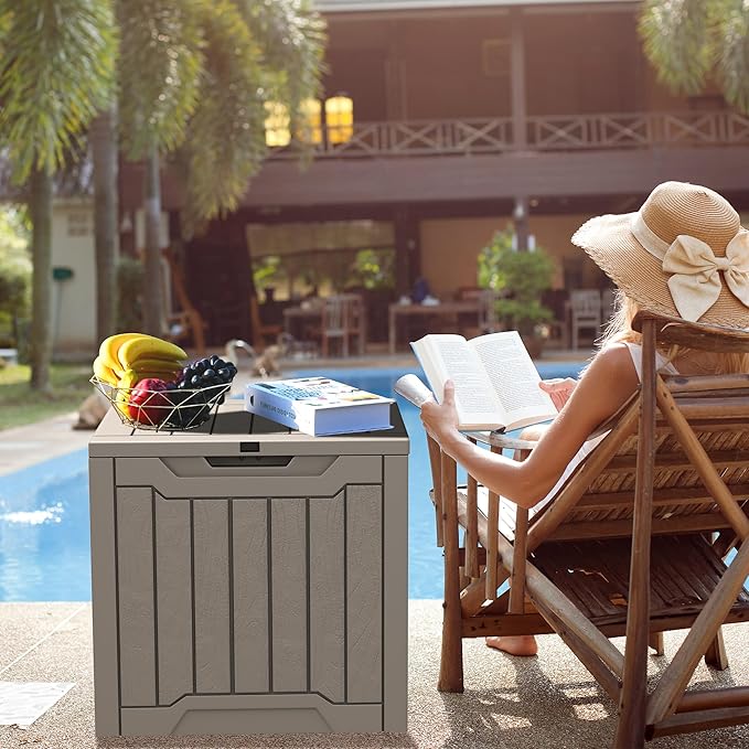 YITAHOME 31 Gallon Outdoor Storage Deck Box, Waterproof Resin Package Delivery and Storage Box with Lockable Lid for Patio Furniture Cushions, Pool Accessories, Garden Tools, Taupe