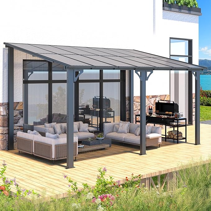 AECOJOY 14' x 8' Gazebo Outdoor Pergola for Patio, Hard Top Lean to 8x14 Gazebo Shelter Pergolas and Gazebos Clearance with Patio Roof, Large Wall-Mounted Heavy Duty Awnings for Patio, Decks, Backyard