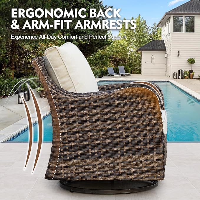 MEISSALIVVE 9 Pieces Patio Furniture Set with 43" Fire Pit Table, Wicker Patio Conversation Set with Swivel Rocking Chairs, Outdoor Patio Set for Lawn Backyard Porch (Brown)