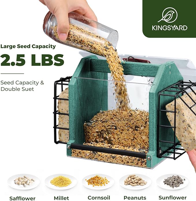 Kingsyard Hopper Bird Feeder for Outdoors Hanging, Recycled Plastic Double Suet Feeder with Clear View Windows, 3 LBS Seed, Cardinal Woodpecker Bluebird Feeder, Green