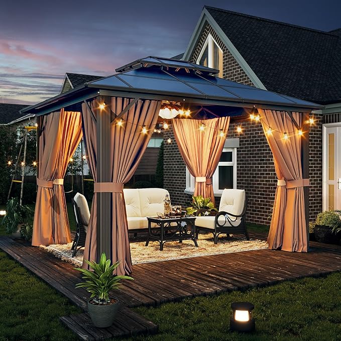 10'x12' Hardtop, Double Roof Gazebo, Aluminum Frame Permanent Pavilion with Netting and Curtains, Outdoor Polycarbonate Gazebo, for Patios, Gardens, Lawns