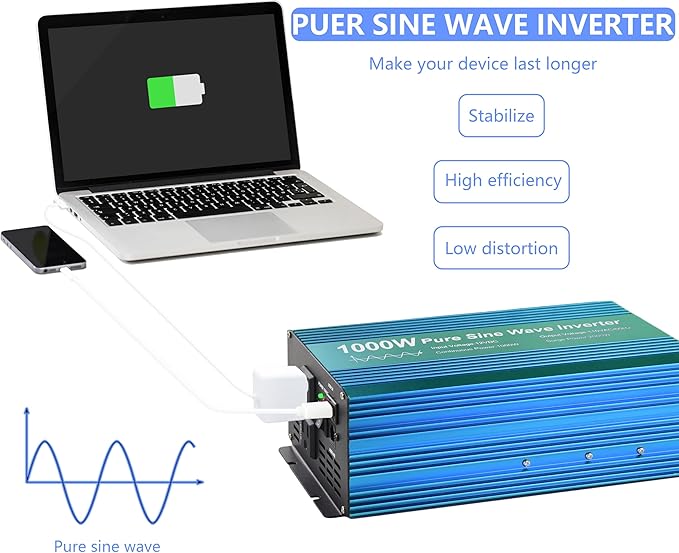 Pure Sine Wave Power Inverter 1000W DC12V to AC 110V with Dual sockets and USB, LCD Remote kit. (1000W)