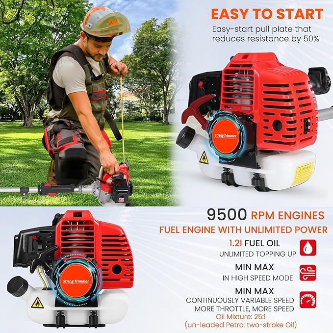 Weed Eater Gas Powered,52cc 2 Stroke Gas Weed Wacker, 5 in 1 Multi Functional Trimming Tools,Gas Hedge Trimmer,String Trimmer,Weed Eater,Brush Cutter,Pole Chainsaw with Extension Pole 9500rpm 2.3kw