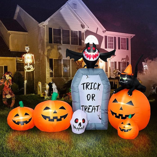 7FT Long Halloween Inflatable Pumpkin Patch with Tombstone & Black Cat & Bat, Blow up Halloween Inflatable with Build-in LED Lights Outdoor Decorations Large Party Yard Decoration