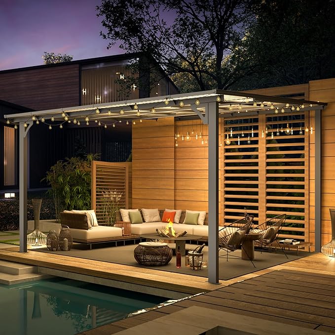 AECOJOY 12' x 12' Gazebo Outdoor Pergola for Patio, Large Wall-Mounted Hard Top Lean to Metal Gazebo Shelter Pergolas and Gazebos Clearance with Patio Roof, Heavy Duty Awnings for Patio, Decks