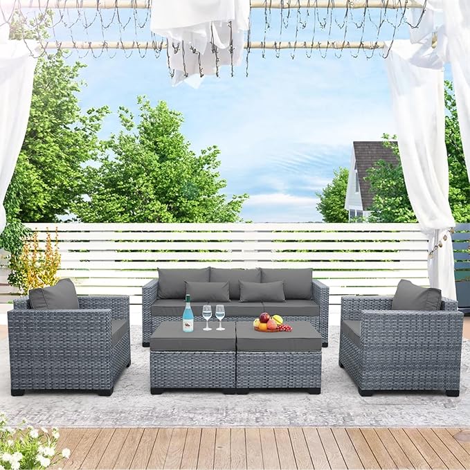 Patio Furniture Set, 5-Piece Outdoor Wicker Conversation Set with All-Weather PE Rattan, Anti-Slip Cushions & Ottomans, Sectional Sofa for Patio, Balcony & Deck, Grey