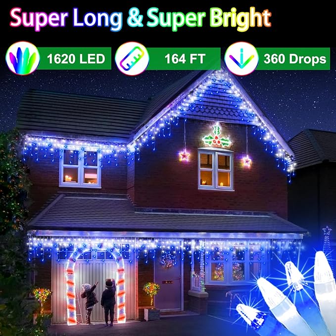 1620 LED Christma Lights with 360 Drops, 164ft Outdoor Hanging lights with 8 Modes & Timer Memory, Outsite Waterproof Curtain String Lights for Front House Fence Tree Holiday Decorations Blue & White