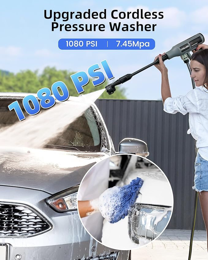 Cordless Pressure Washer 1080PSI Portable High-Pressure for Car Wash Outdoor Cleaning, 6-in-1 Adjustable Nozzle,Battery & Adaptor Included (2X 4Ah)