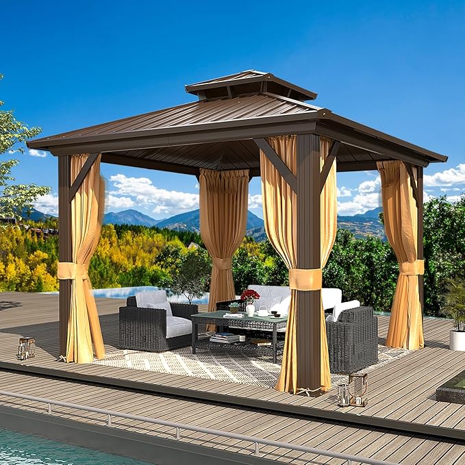 MELLCOM 10'x10' Hardtop Gazebo, Metal Double Roof Aluminum Gazebos with Curtain and Netting,Brown Permanent Galvanized Steel Pavilion for Patio, Lawn & Deck