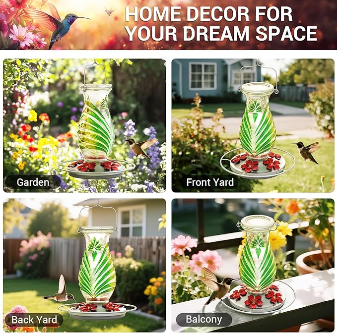 Hummingbird Feeder for Outdoors, 24oz Glass Nectar Feeder with Perch & 5 Flower Feeding Ports, Leakproof Hanging Bird Feeder for Garden Yard Decor, Outside Gifts for Women & Mom, Spring Green
