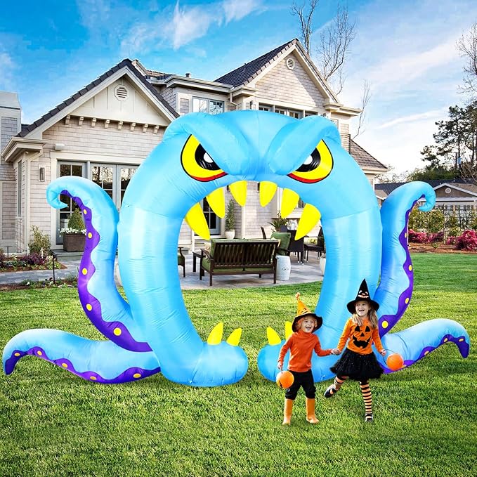 DomKom Halloween Inflatable Blow Up Decorations, 16FT Long 8FT Tall Blue Monster Octopus Archway, Built-in LEDs for Holiday Party, Garden, Lawn, Yard, Patio Décor