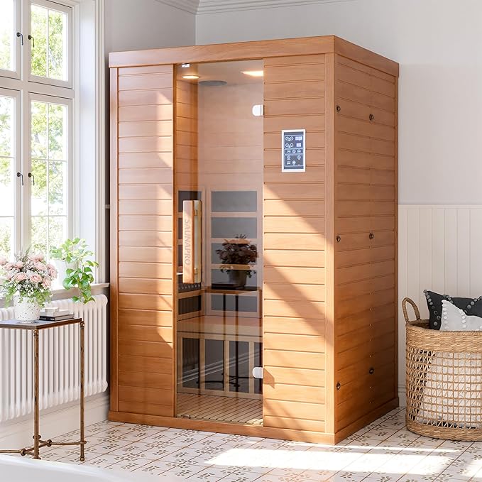 2- Person Infrared Sauna, Remotely Controllable Indoor Sauna, Low EMF 1500W/120V LCD Heater, WiFi & BT Control, 9-Color Light Therapy, Safe Flame-Retardant Material, Wood