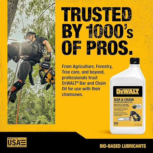 DEWALT – Biodegradable Bar & Chain Oil – Green, Eco-Friendly, Non-Toxic Professional Bar & Chainsaw Lubricant – Ultraclean All-Season Oil for Gas, Electric Saw, and Pole Saw, 32 oz (Case of 12)