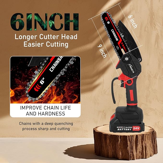 6-Inch Mini Chainsaw, Cordless Handheld Electric Chainsaw with 2x 24V 4000mAh Batteries & 2 Chains, Lightweight & Portable, for Tree Trimming, Wood Cutting, Gardening, Outdoor & Household Use (Red)