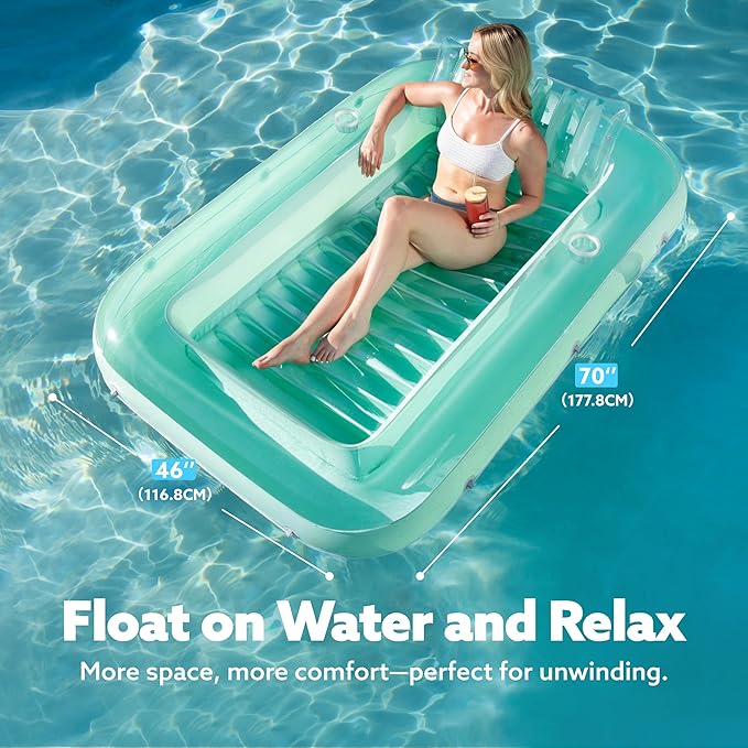 SLOOSH Inflatable Tanning Pool Lounger Float, 70" x 46" Pool Floats Adult with Pillow, 4 in 1 Suntan Tub Raft Floatie,Sunbathing Bed Lounge for Water Blow Up Kids Ball Pit Party Gifts, L-Cyan