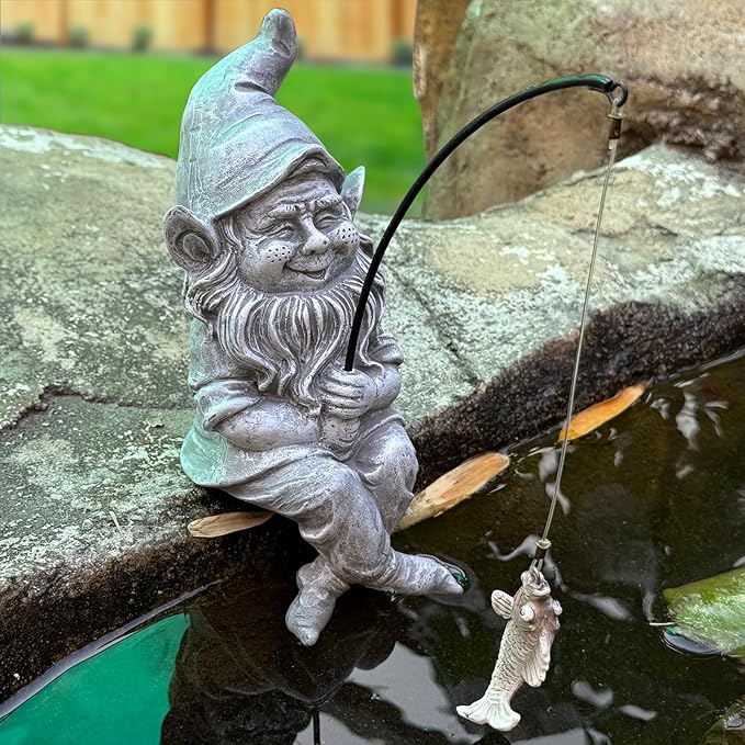 Garden Gnome Pond Statue Decoration, Fishing Gnome Garden Statue Outdoor Koi Pond or Waterfall Decor, 9.7" Stone Gnome Fishing Poolside Statue, Elf Pond Statue, Great Gifts & Housewarming for Mom