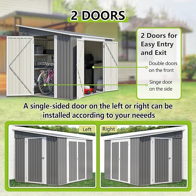 6x8FT Lean to Sheds Metal Outdoor Storage Shed with Floor Frame,Large Tool&Lawn Mower Shed with Two Lockable Doors for Garden Backyard Patio Storage,Outside Waterproof Storage Shed