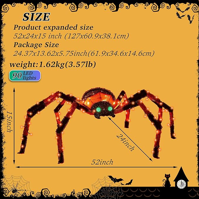 4.2Ft Giant Spider Halloween Decorations Outdoor 52" Light Up Spider with 90 LED Lights for Front Yard, Porch, Garden, Lawn, Halloween Party (Orange)