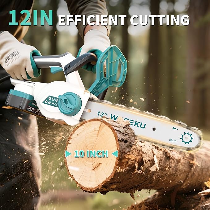 12" & 10" Electric Chainsaw Cordless, 20V Brushless Battery Chainsaws with 2 x 4.0AH Batteries - 4 x Chains, Auto Oiler, Tool-Free Chain Tension, Safety Lock