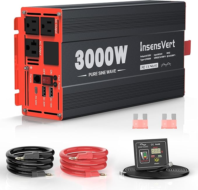 3000W Pure Sine Wave Inverter, Car Power Inverter 24V to 120V AC Converter for RV, Truck, Solar, Outdoor with Dual AC and 20A Socket, 18W+30W USB, PD60W, Surge 6000W, Remote Control(3000W-24V)