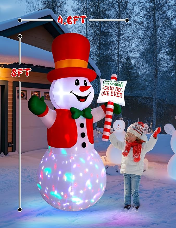 8ft Christmas Inflatable Outdoor Decoration Snowman, Gentleman Snowman Holding Sign Welcoming Guest, Built-in Rotating Disco Light, Blow Up Outside Decor for Xmas Holiday Lawn Yard Garden
