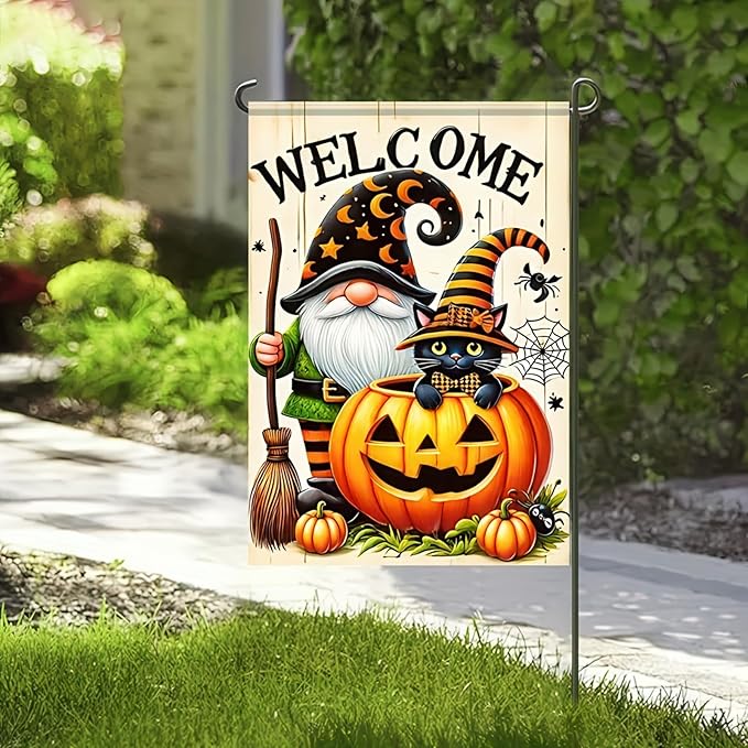 Welcome Halloween Gnome Decorative Garden Flag Halloween Black Cat Garden Flag 12x 18 Inch Double Sided Spooky Pumpkin Welcome Yard Flag Holiday Seasonal Outdoor Outside Decoration