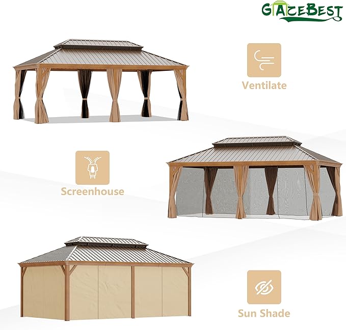 12' X 20' Hardtop Gazebo, Aluminum Wood-Looking Frame Outdoor Permanent Galvanized Steel Double Roof Pavilion Pergola Canopy with Privacy Curtains for Garden, Patio, Backyard, Deck and Lawns.