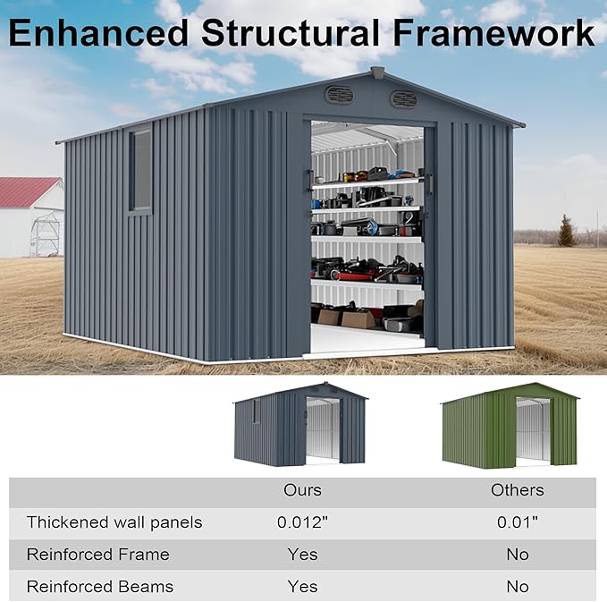 Outdoor Storage Shed, Metal Garden Shed with Double Doors, Galvanized Steel, Waterproof and Rustproof (8x10 FT Metal Shed)