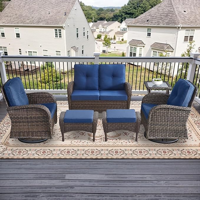 Outdoor Swivel Glider Rocker Chairs Set- 6 Piece Patio Furniture Set with A Glider Loveseat, Tempered Glass Side Table and 2 Ottoman, for Balcony, Porch - Brown Wicker, Blue Cushion
