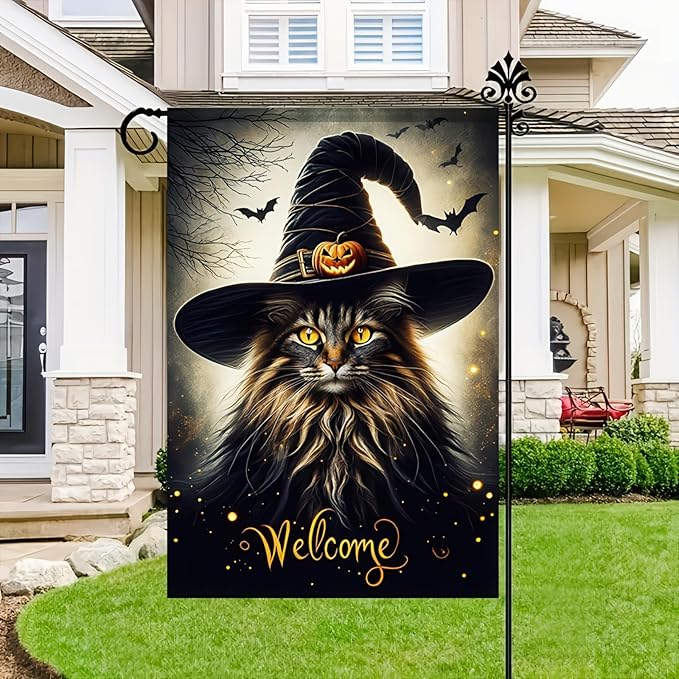 Double Sided Vertical Flag - 12x18 Halloween Cat Garden Flag for Outside, Fall Holiday Outdoor Decorative Flag