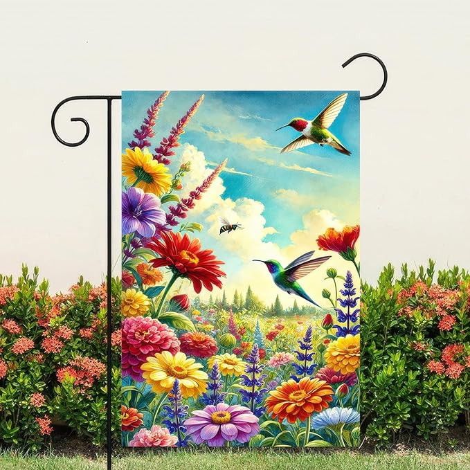 Spring Garden Flag 12 x 18 Inch Double Sided Hummingbird Welcome Yard Flag Outdoor Bee Colorful Flower Sky Summer Farmhouse Seasonal Yard Lawn Outside Decorations