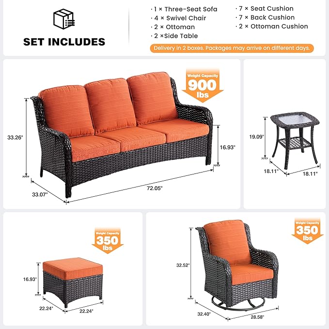 ovios 9 Pieces Patio Furniture Set, Outdoor Wicker Sofa Couch with Swivel Chairs Ottomans Comfy Cushions, High Back All Weather Modern Conversation Sets, Brown Rattan, Orange Red