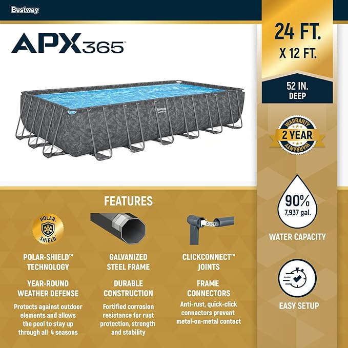Bestway APX 365 24' x 12' x 52" Rectangular Above Ground Swimming Pool Outdoor Framed Pool, with Sand Filter Pump, Ladder, Cover, and Repair Patch