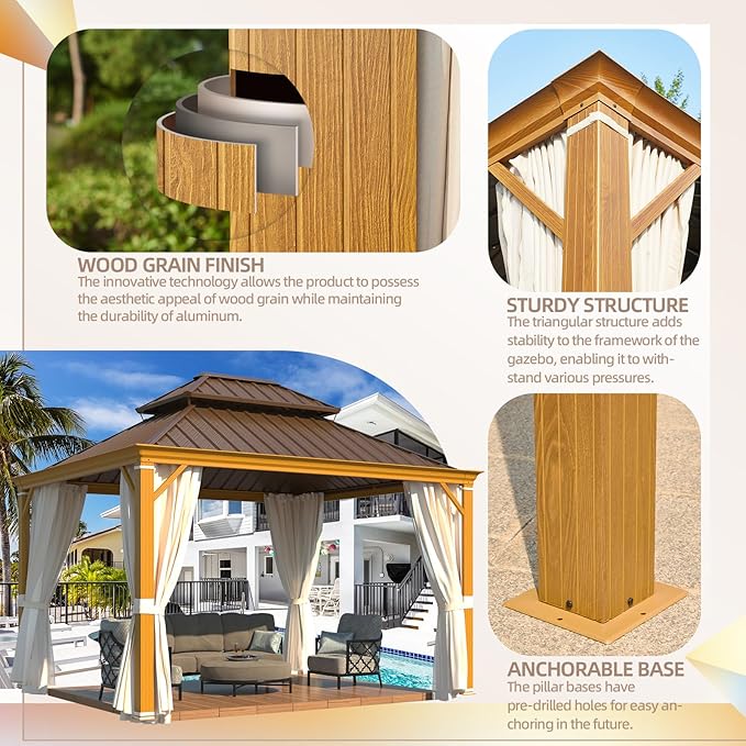 YOLENY 10' x 12' Hardtop Gazebo, Wood Grain Aluminum Frame Canopy with Galvanized Steel Double Roof, Outdoor Patio Gazebo with Netting and Curtains for Backyard, Patio, Lawns