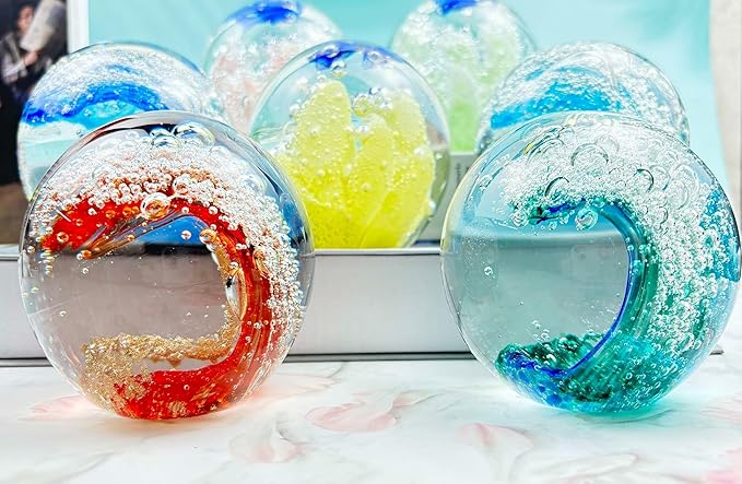 Decorative Crystal Ball Figurines Ocean Waves Paperweight Blown Glass Decor Sea Art Ocean Lovers Gift Blue Green 3.15"