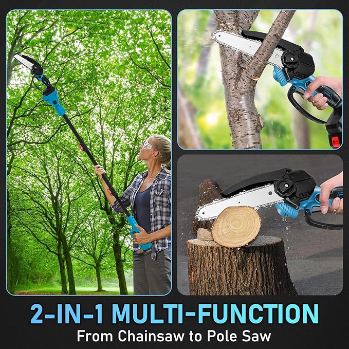 2 in 1 Cordless 6 inch Pole Saw & Mini Chainsaw with 2× 21V Battery, Electric Polesaw with Extension Pole for Tree Trimming