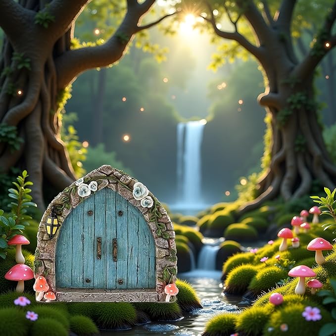 Blue Mini Fairy Garden Door for Tree, 3D Miniature Fairy Door for Fairytale Tiny House Doors, Bonsai Terrarium Micro Landscape Decoration Accessories Garden Miniatures