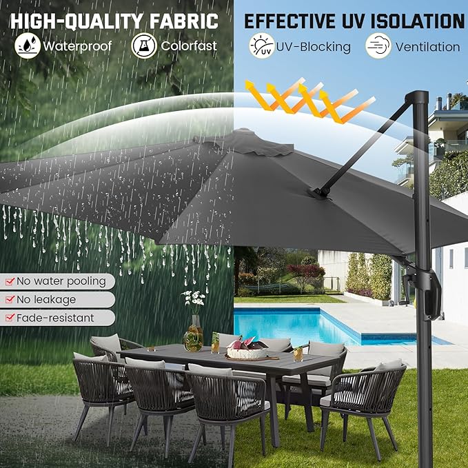 Hotime 10ft Patio Umbrella Outdoor Patio Windproof and Height adjustable, Heavy Duty Aluminum Round Offset Patio Umbrella Cantilever Pool Umbrella with 360°Rotation for Garden Deck Pool, Gray