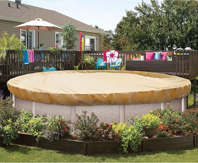 ECOOPTS 24 ft Round Pool Cover for Above Ground Pools, Swimming Pool Cover Protector Winter Safety Cover (Beige)